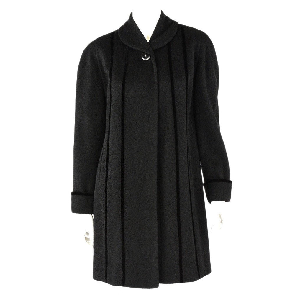 50s Vintage 100% Wool Velvet Trim Coat Star Button Womens M Black Gothic Evening